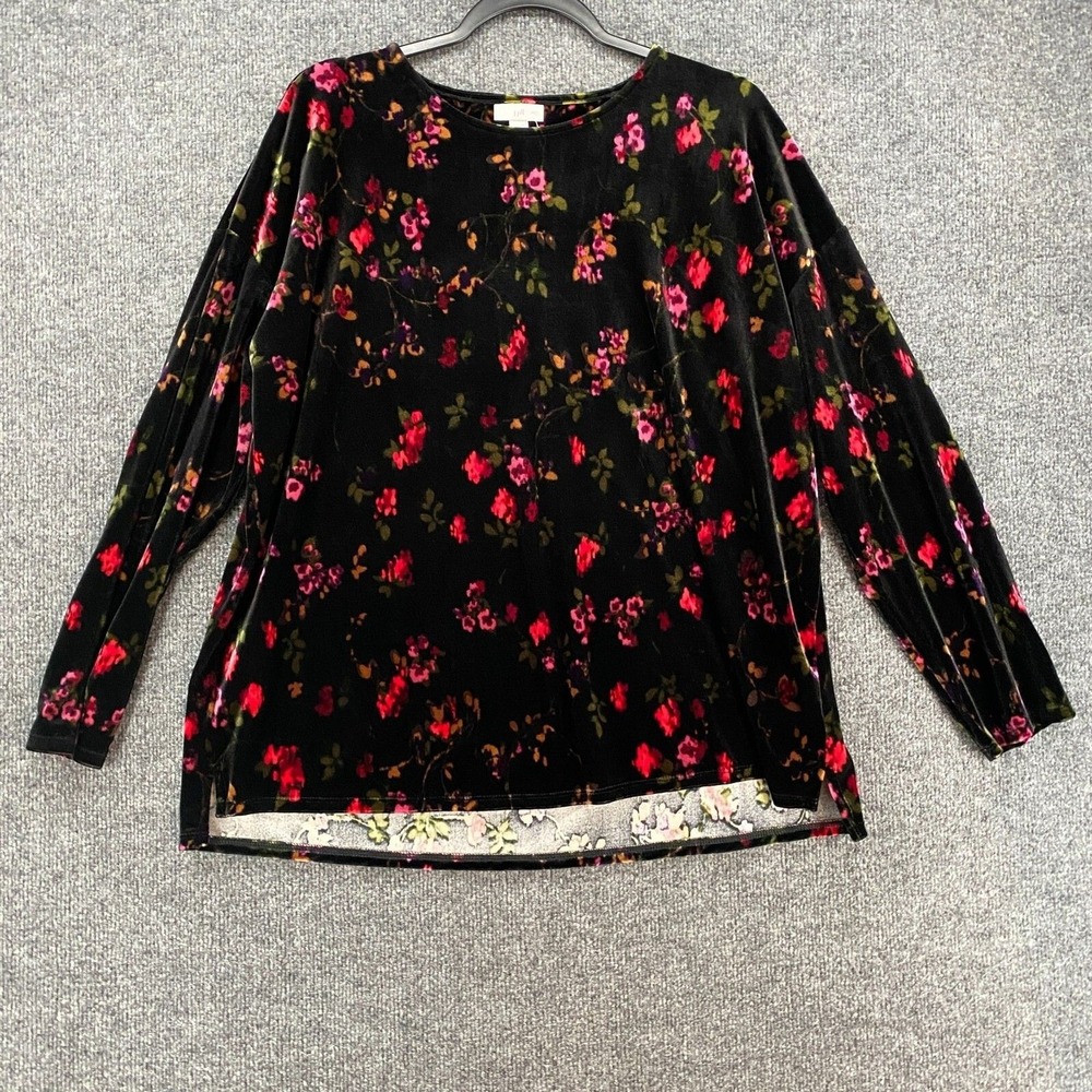 J Jill Blouse Womens L Black Red Floral Velvet Soft Tunic Whimsical‎ Boho Grunge